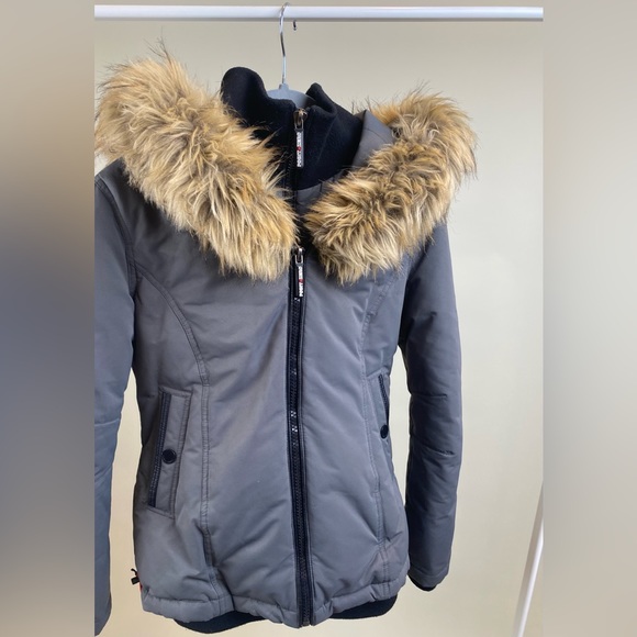 Point Zero High Neck Graphite Winter Jacket with Hooded Faux Fur Trim - Picture 5 of 14